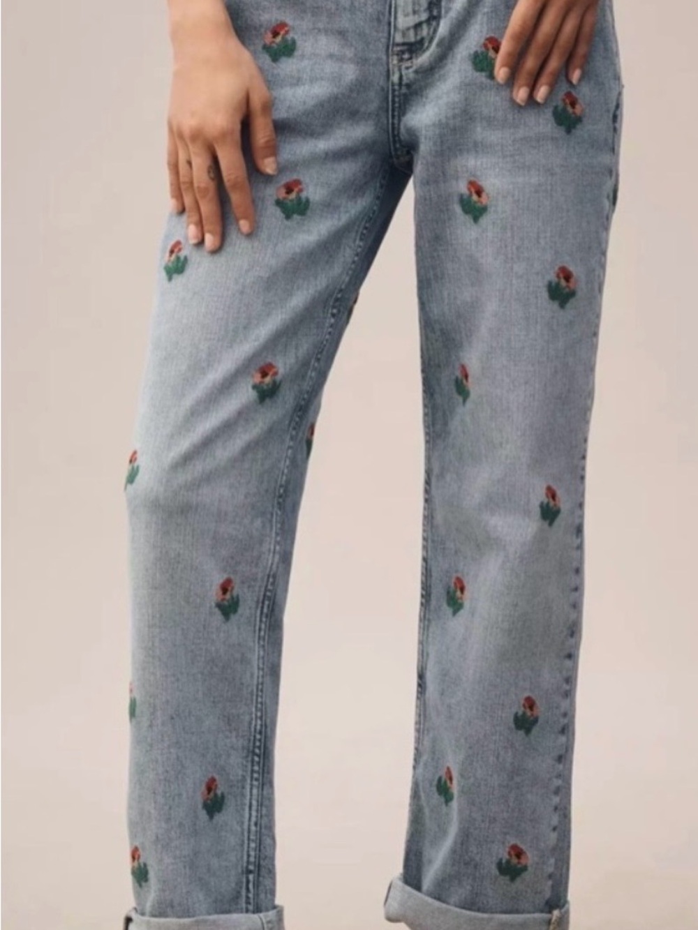 Pilcro Light Blue Denim Boyfriend Jeans with Red and Green Floral Embroidery